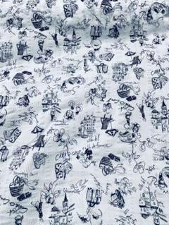 フランス風イラストの綿生地　1m×128cm リップル　白地　ネイビー　延長可能