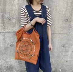 新品 ショルダーストラップ付き 鍵と馬車の刺繍 エコバッグ オレンジ M