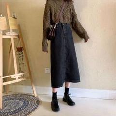 レディース デニムスカート ロング 無地 シンプル ダーク Aライン 黒 6