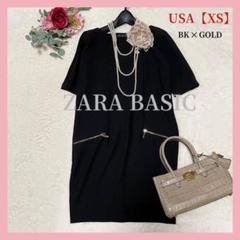 美品【ZARA BASIC】XS 膝丈　半袖ワンピース 金具ジップ　黒　キレイめ