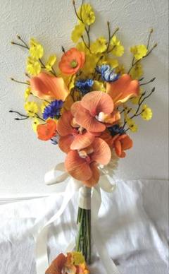 テラコッタカラー♡オレンジ系♡クラッチブーケ&ブートニア テラコッタカラー♡胡蝶蘭♡オレンジ♡クラッチブーケ