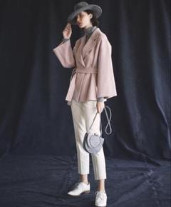 Theory ベルト付き　カシミヤ混ダブルフェイスショートコート　 ピンク Theory ベルト付き カシミヤ混ダブルフェイスショートコート