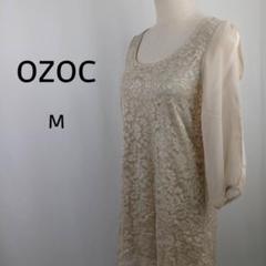 OZOC　七分袖　チュニックワンピース　M　ベージュ　レース×シフォン