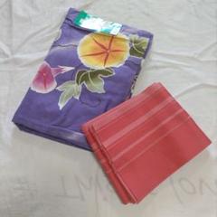 新品　レディース　高級仕立ゆかた　浴衣　パープル　朝顔　四季の花木染　帯