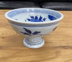 骨董　染付　盃洗　台鉢　花図　青絵　花柄　牡丹　足付き　芸術品