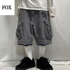 90s FOX スカル 十字架 刺繍 カーゴ バギーパンツ ショーツ リメイク