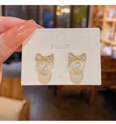 再入荷♡　パール　リボン　ピアス　S925　ゴールド　ストーン　ワンポイント
