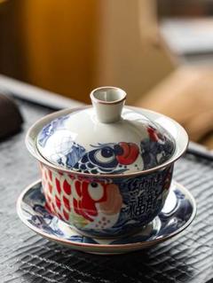 景徳鎮 青花納福竜魚三才蓋碗 茶碗 煎茶器 中国茶器 新品未使用