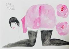 自画像ドローイング♡、A4水彩アクリル絵画原画抽象画