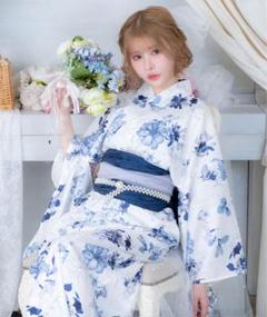 【Retica】浴衣ワンピース2way水彩ニュアンスブルーフラワーゆかた3点