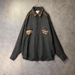 vintage 長袖シャツ　古着　黒　襟　デザイン　刺繍　オシャレボタン　テロ感