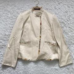 美品✨レオナール ノーカラージャケット ベージュ　XL シルク　リネン リネンライクVネックノーカラージャケット（ノーカラー