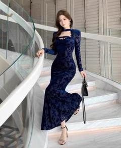 イブニングドレス 谷間魅せ セクシー ロング丈 花柄 キャバ嬢 魅惑