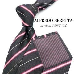 【美品】ALFREDO BERETTA ネクタイ ストライプ 織柄 ブラック 黒