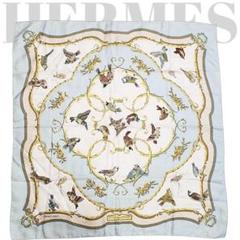 エルメス カレ90《自由の天地への鍵》大判スカーフ 鳥柄 花柄 シルク 美品