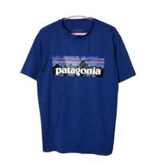 パタゴニア　キッズ用半袖ポリエステルTシャツ　速乾性　プリントロゴ　ブルー