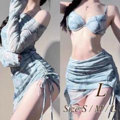 水着 レディース 体型カバー 3点セット ビキニ ショートパンツ デニム柄 L