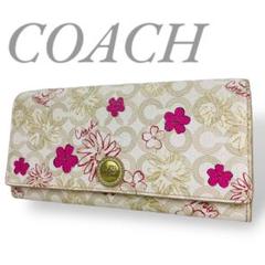 COACH コーチ 長財布 花柄 PVCレザー オプアート ピンク ゴールド