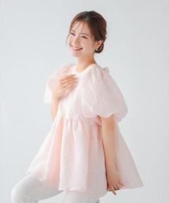 新品 Fit more バックリボンボリュームスリーブジャガードトップス ピンク Fit more バックリボンボリュームスリーブジャガードトップス