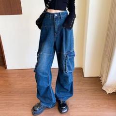 新品 大きなポケット 着痩せ デニム おしゃれ度高め ワイドパンツ ハイウエスト