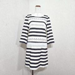 Peca　ボーダーワンピース　レース切替　七分袖（9）モノクロ系