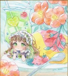 手描きイラスト　ミニ色紙　夏喫茶／オムライス