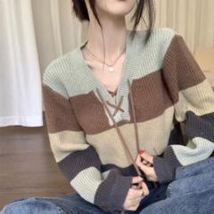 【今だけ割引中】　グリーン　ブラウン　淡い　ニット　フリーサイズ　ストライプ　冬