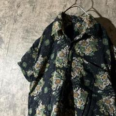 【シースルー 花柄 半袖 シャツ】紺 M〜 ボタニカル 総柄 古着