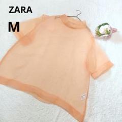 ZARA ザラ 半袖カットソー シア生地 シースルー 薄オレンジ 無地/M