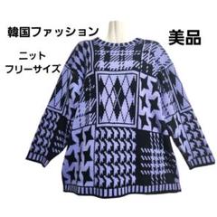 韓国ファッション 総柄 柄編み ニット セーター プルオーバー フリー 美品
