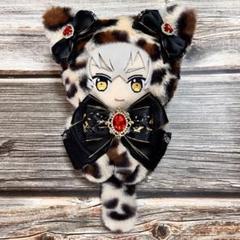 ぬい服　着ぐるみ　16cm 茶系ヒョウ柄ネコ　ブラックとゴールドリボン