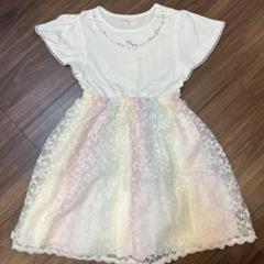 【新品未使用】メゾピアノ ユニコーン総柄 シフォン切替ワンピース 130 ピンク ユニコーン総柄シフォン切り替えワンピース(110 レインボー