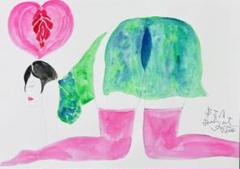 自画像ドローイング♡、A4水彩アクリル絵画原画抽象画
