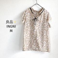 イング ブラウス【M】リボン フレンチスリーブ 花柄 ベージュ 良品✨