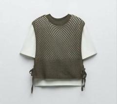 ZARAコントラストTシャツチャンキーニットベストディテール カーキ S