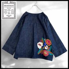 ファッションなデザイン 大人気】ビアズリー ネイビー系 刺繍デザイン 花柄 カットソー トップス