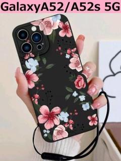 GalaxyA52/A52s 5G★花柄　ストラップ付　黒色　Galaxyケースのサムネイル