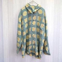 レディース シルク 絹 トップス シャツ ブラウス 柄シャツ ブルー系 Lサイズ