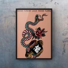 ★A4フレーム付き★オリジナル アートポスター SNAKE タトゥー 蛇 金運