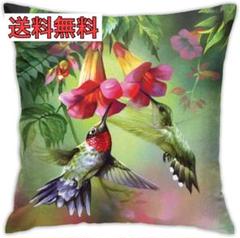クッションカバー 蜂鳥 赤い花 45×45cm インテリア