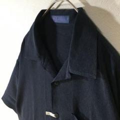 【個性派古着】半袖開襟デザインシャツ　しわ加工　紺色　刺繍入り　メンズⅣ