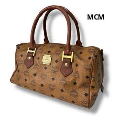MCM ミニボストンバッグ ヴィセトス 総柄 ブラウン レザー ゴールド金具