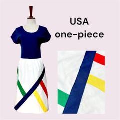 vintageヴィンテージワンピースネイビーホワイト切り替えレトロUSA海外古着
