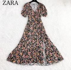 ザラ ZARA 花柄ロングワンピース　Vネック　スリット グリーン フェミニン