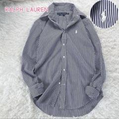 【ラルフローレン】ストライプシャツ　長袖　ポニーロゴ　スリムフィット　青×白　M