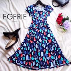 美品【EGERIE】総柄ドレープウエストマーク　ジャージーワンピース　フランス製 美品【EGERIE】総柄ドレープウエストマークジャージーワンピース