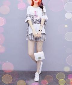 ♥ セットアップ ♥ チェック柄 ホワイト フリーサイズ ★ 大人気商品 ★