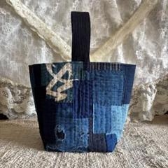 古布リメイク　ハンドメイド　藍染いろいろ　ワンハンドルトートバッグ 古布リメイク 手作り 藍染色々 雪ん子絣 型染め 縦型トート