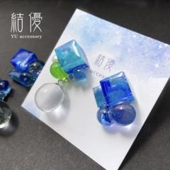 夏の幾何学と雫/小さなアクアリウム/ピアス/ノンホールピアス