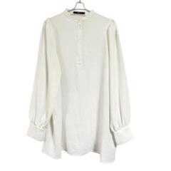 OFALO ボウタイブラウス　パフスリーブトップス　長袖　シンプル　ロング丈　白